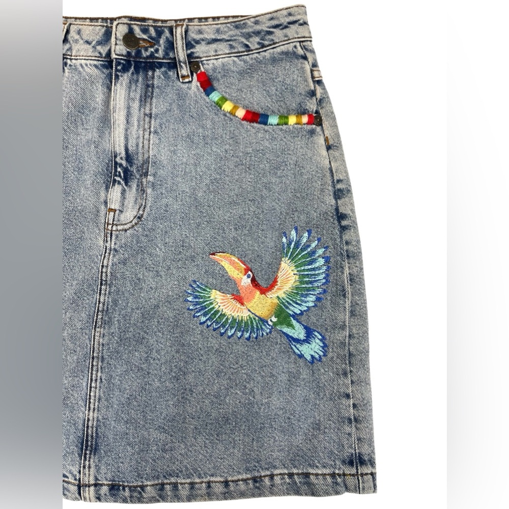 NWT Farm Rio Embroidered Denim Mini Skirt Tropical Colorful Boho Vacation Beach - Picture 2 of 13